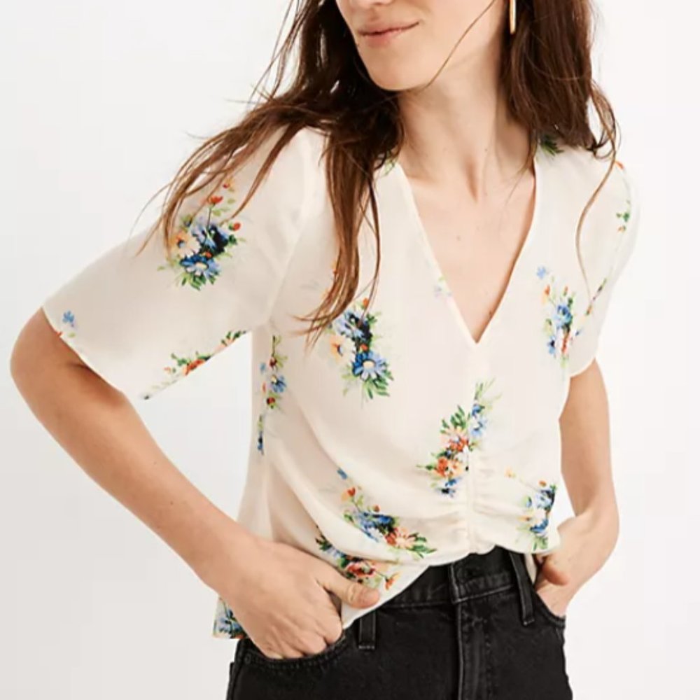 madewell 100% silk shirred top size 0 xs